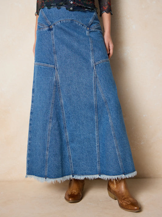 Fitted Cotton Denim Maxi Skirt - Medium Wash