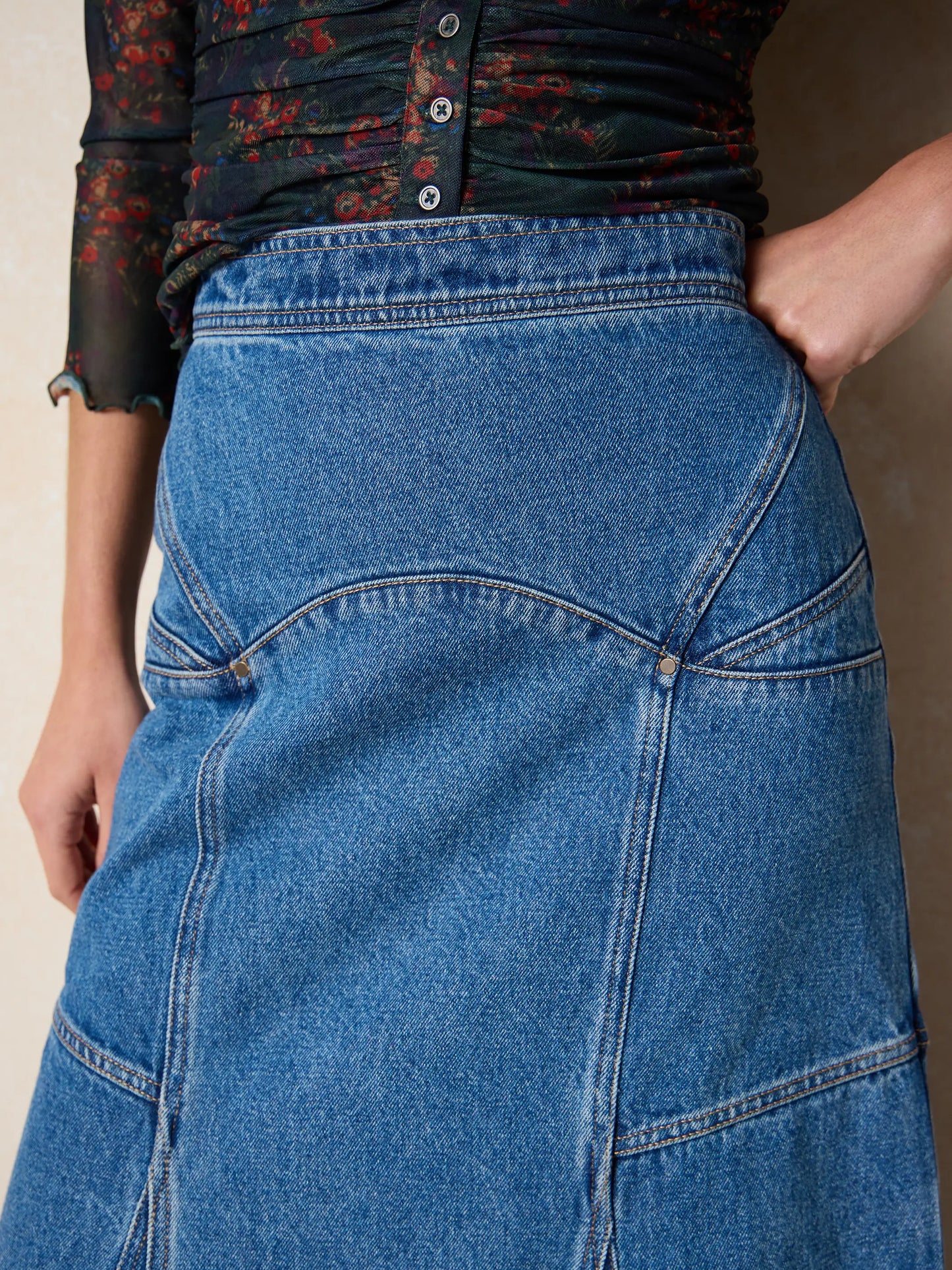 Fitted Cotton Denim Maxi Skirt - Medium Wash