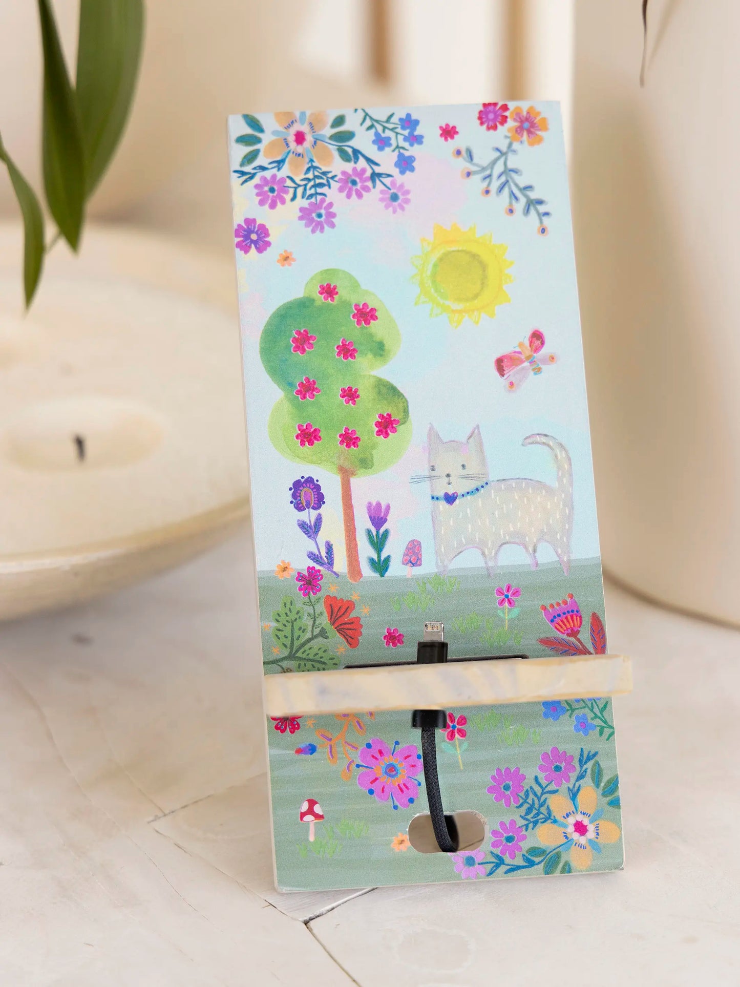 Wooden Phone Stand - Light Blue Cat