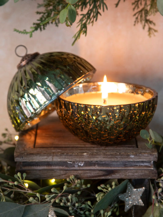 Mercury Glass Ornament Candle - Green