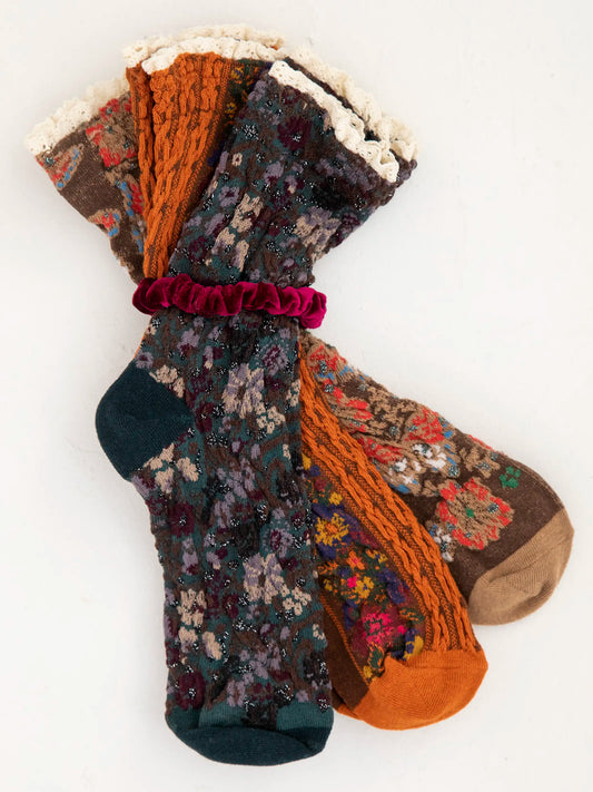 Blossom Crew Socks & Scrunchie, Set of 3 - Rust