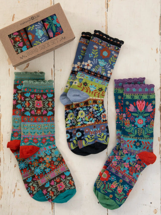 Boxed Boho Sock Set, Set of 3 - Blue Floral