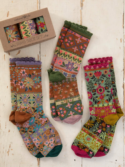 Boxed Boho Sock Set, Set of 3 - Neutral Floral