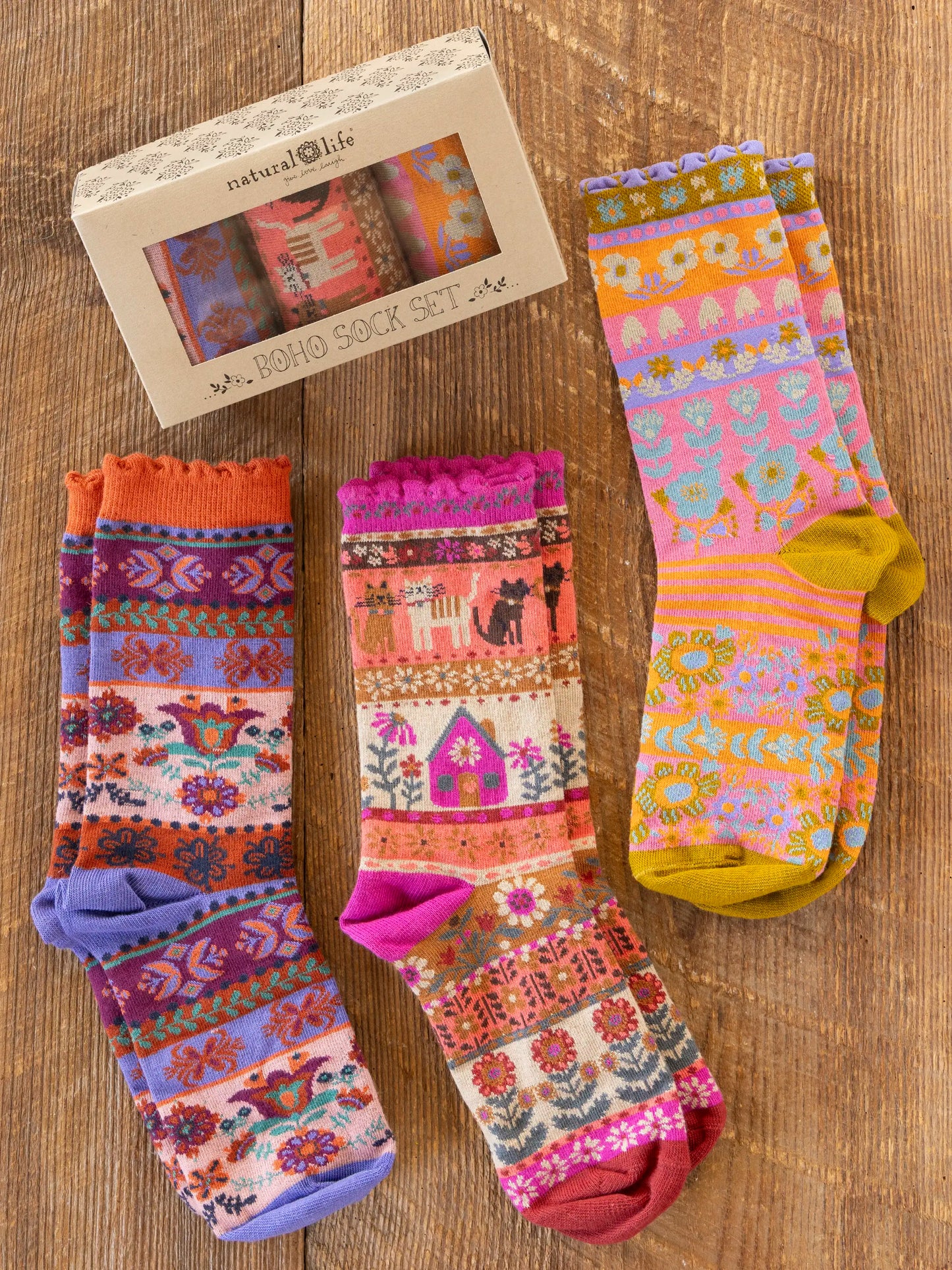 Boxed Boho Sock Set, Set of 3 - Cat