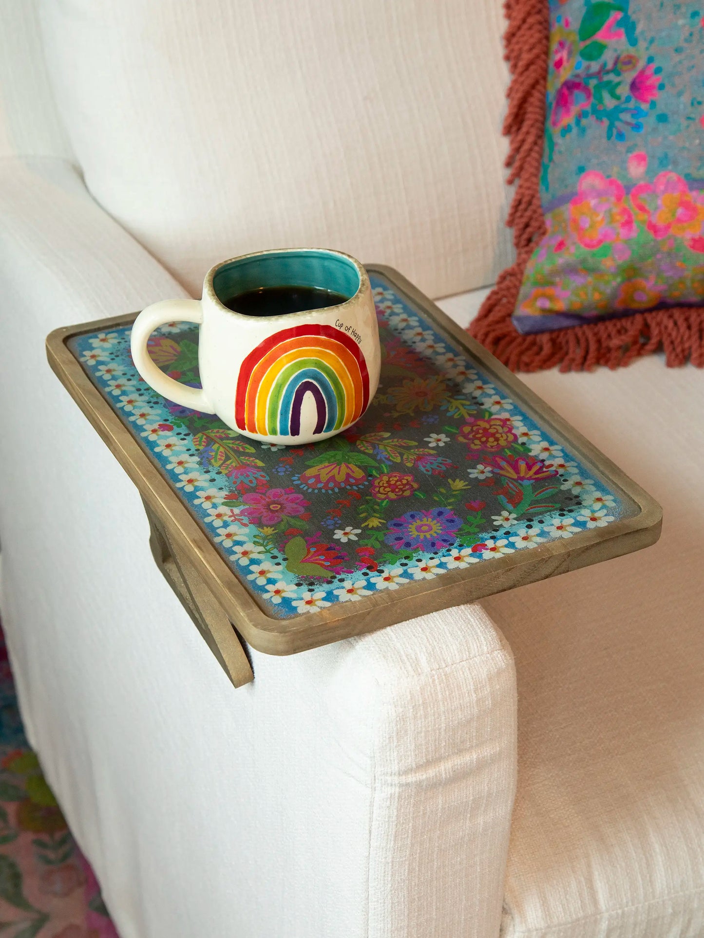 Clip On Sofa Tray Table - Black Folk Flower