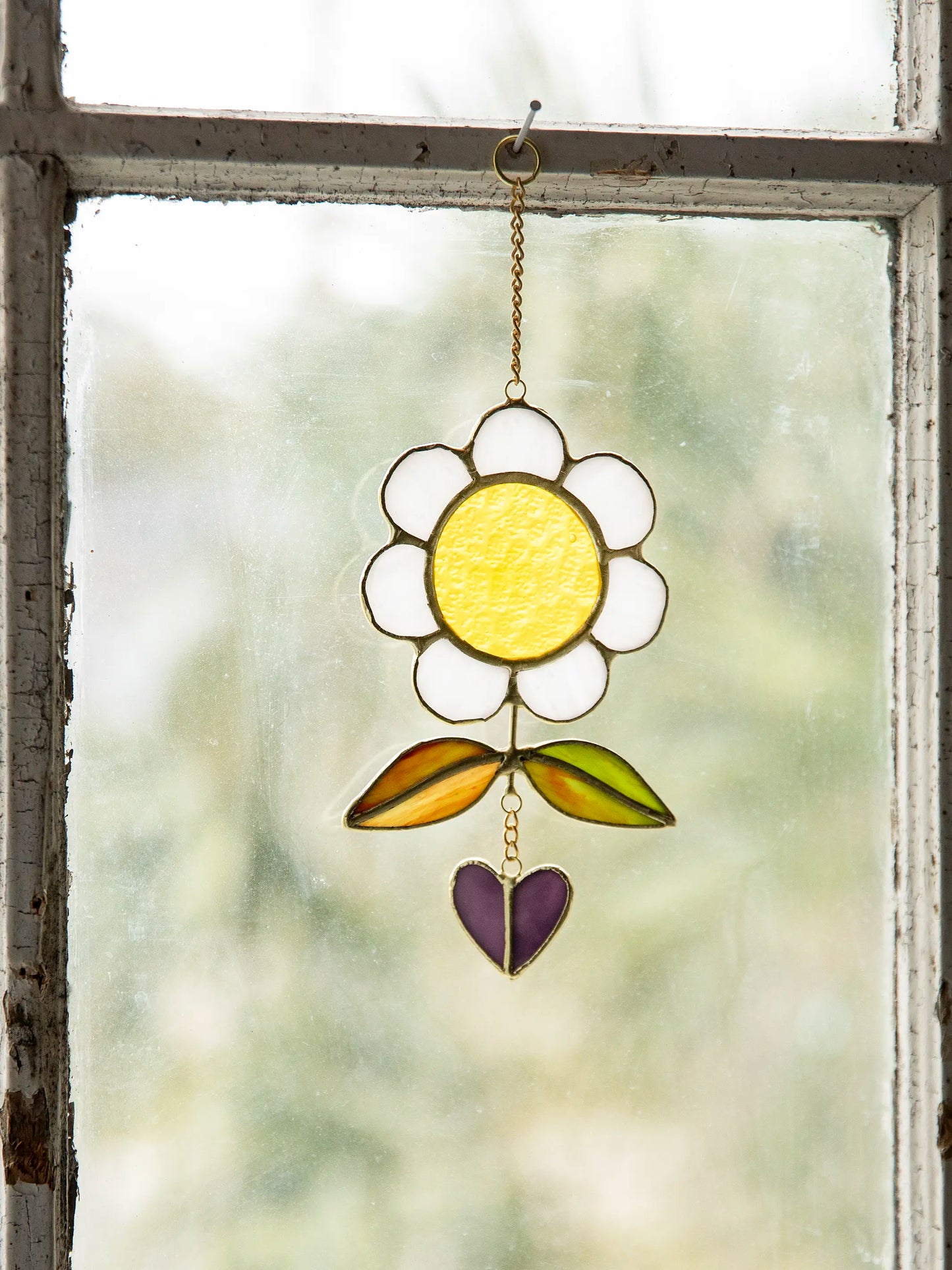 Stained Glass Window Hanging - Cream Folk Flower