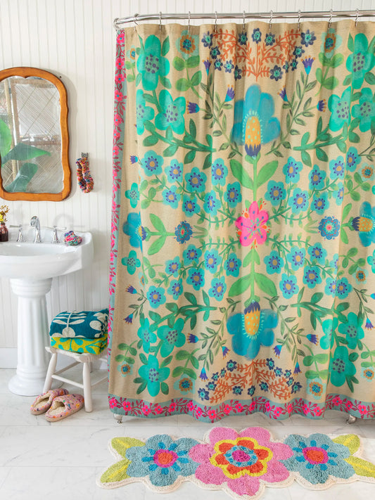 Boho Shower Curtain - Tan Folk Flower