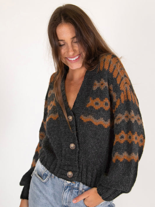 Monroe Fairisle Cardigan Sweater - Charcoal