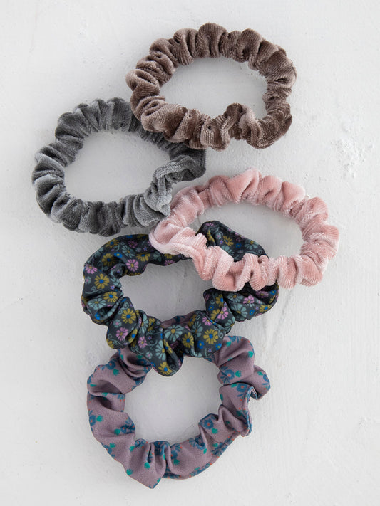 Print and Velvet Scrunchies, Set of 5 - Grey