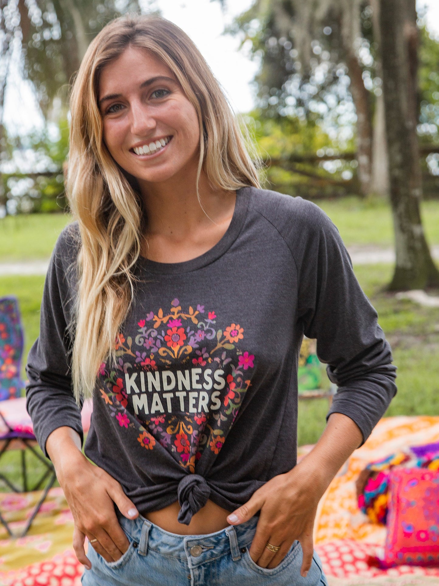 Long Sleeve Boho Cotton Tee Shirt - Kindness Matters