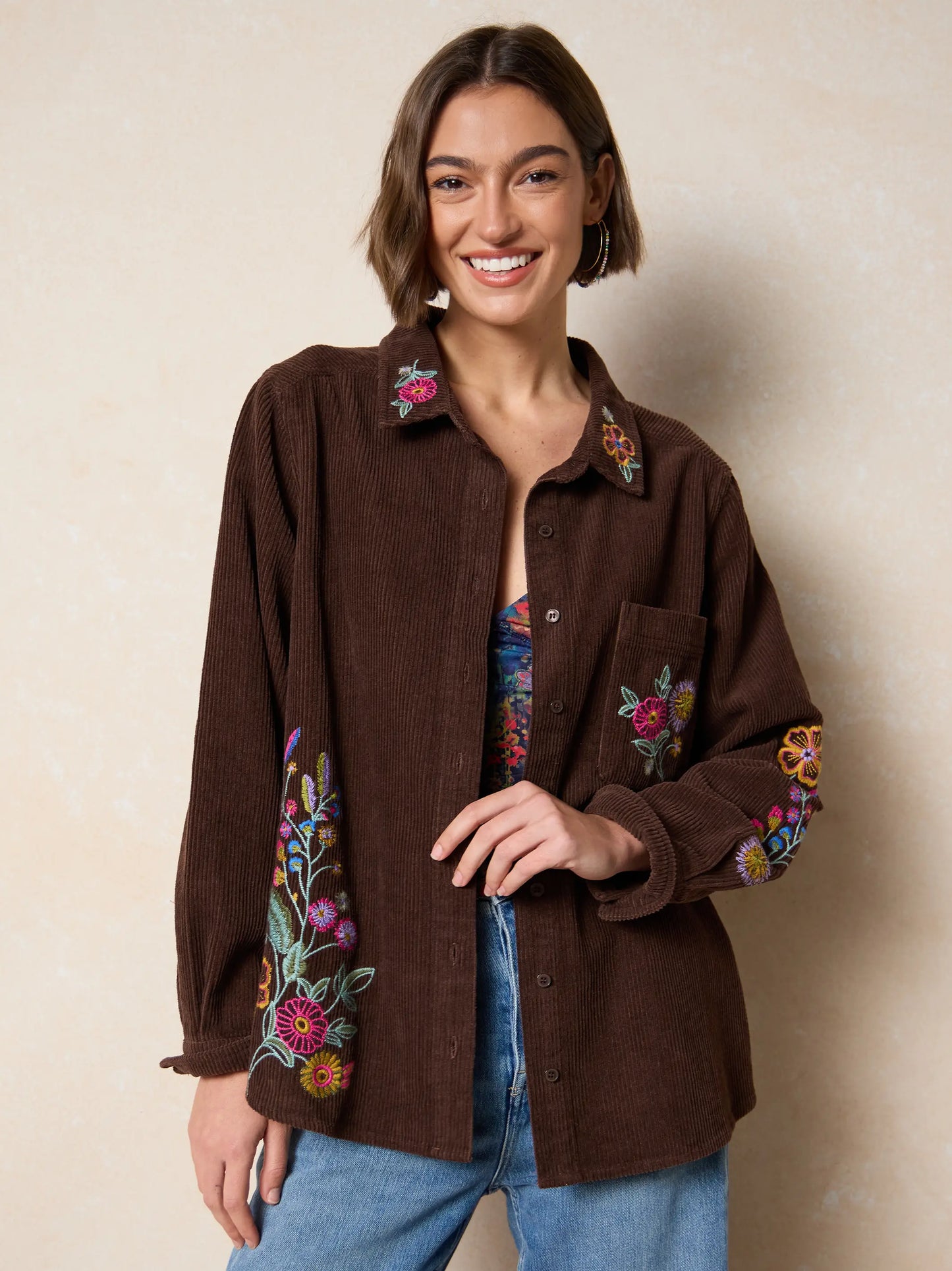 Cutest Embroidered Corduroy Shirt - Brown Floral