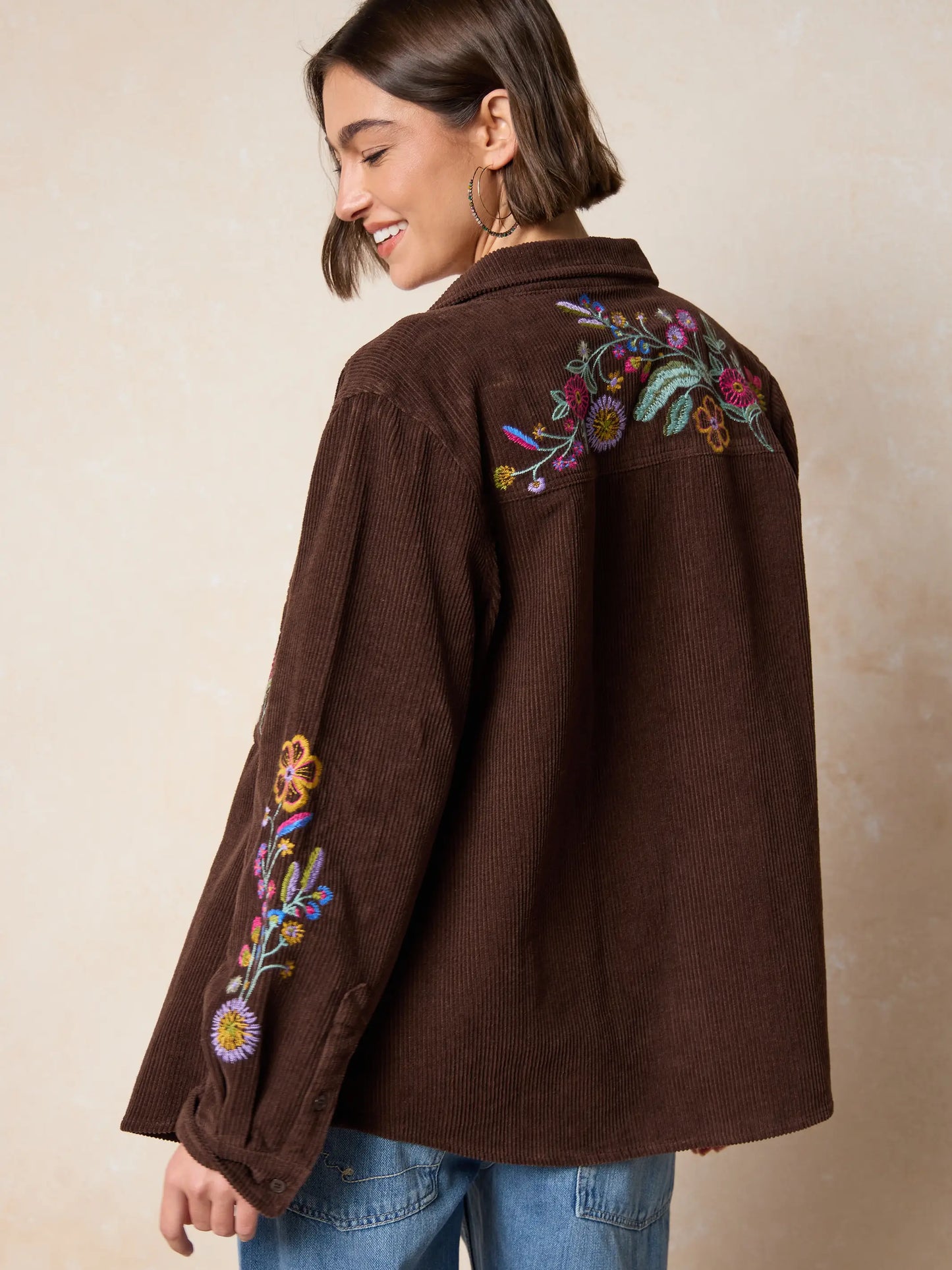 Cutest Embroidered Corduroy Shirt - Brown Floral
