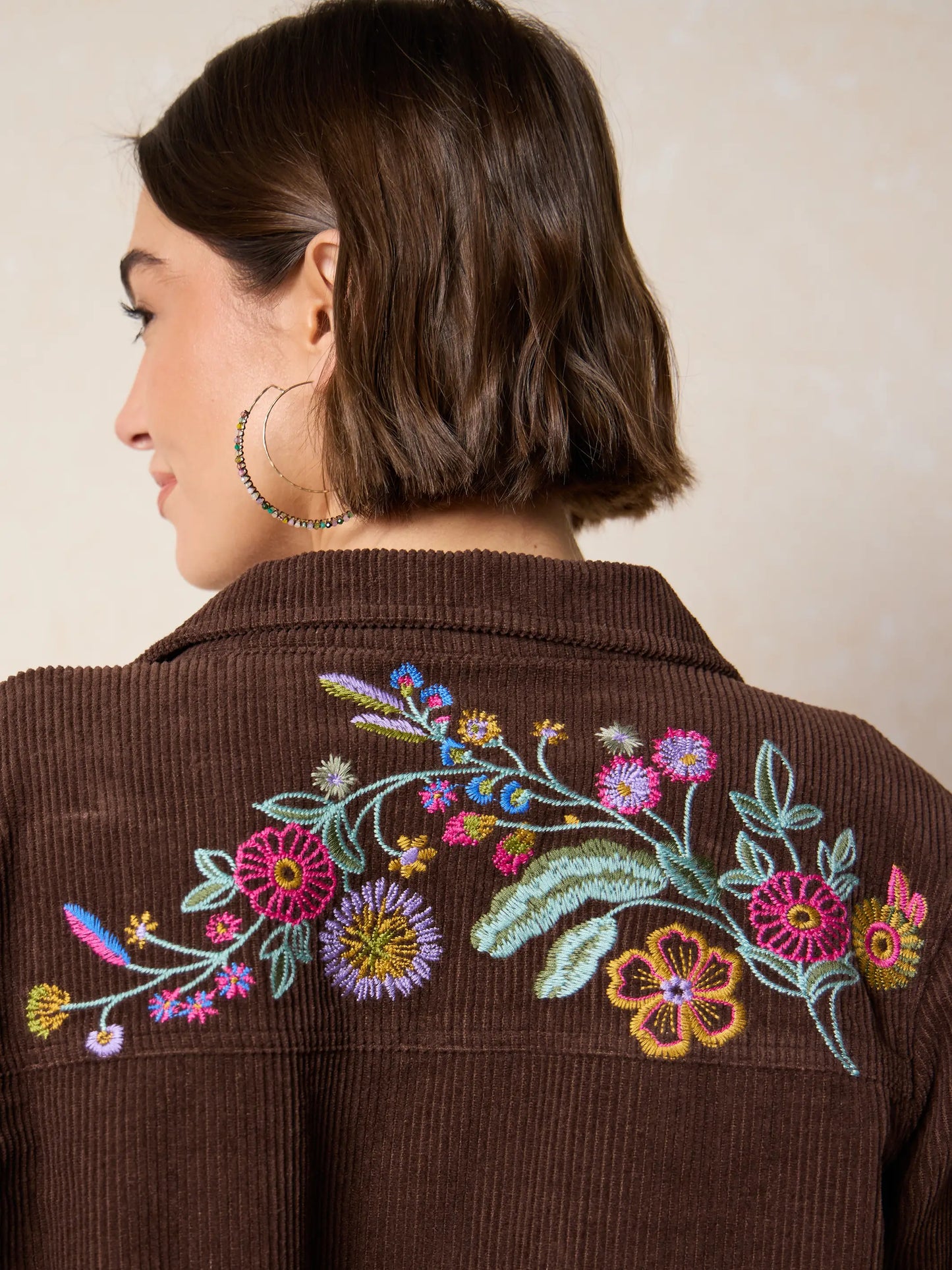 Cutest Embroidered Corduroy Shirt - Brown Floral