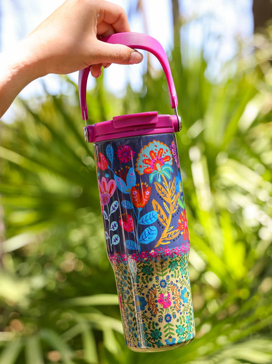 30oz Tumbler - Navy Folk Flower
