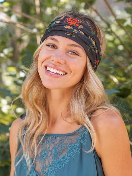 Full Boho Bandeau® Headband - Charcoal Orange Floral