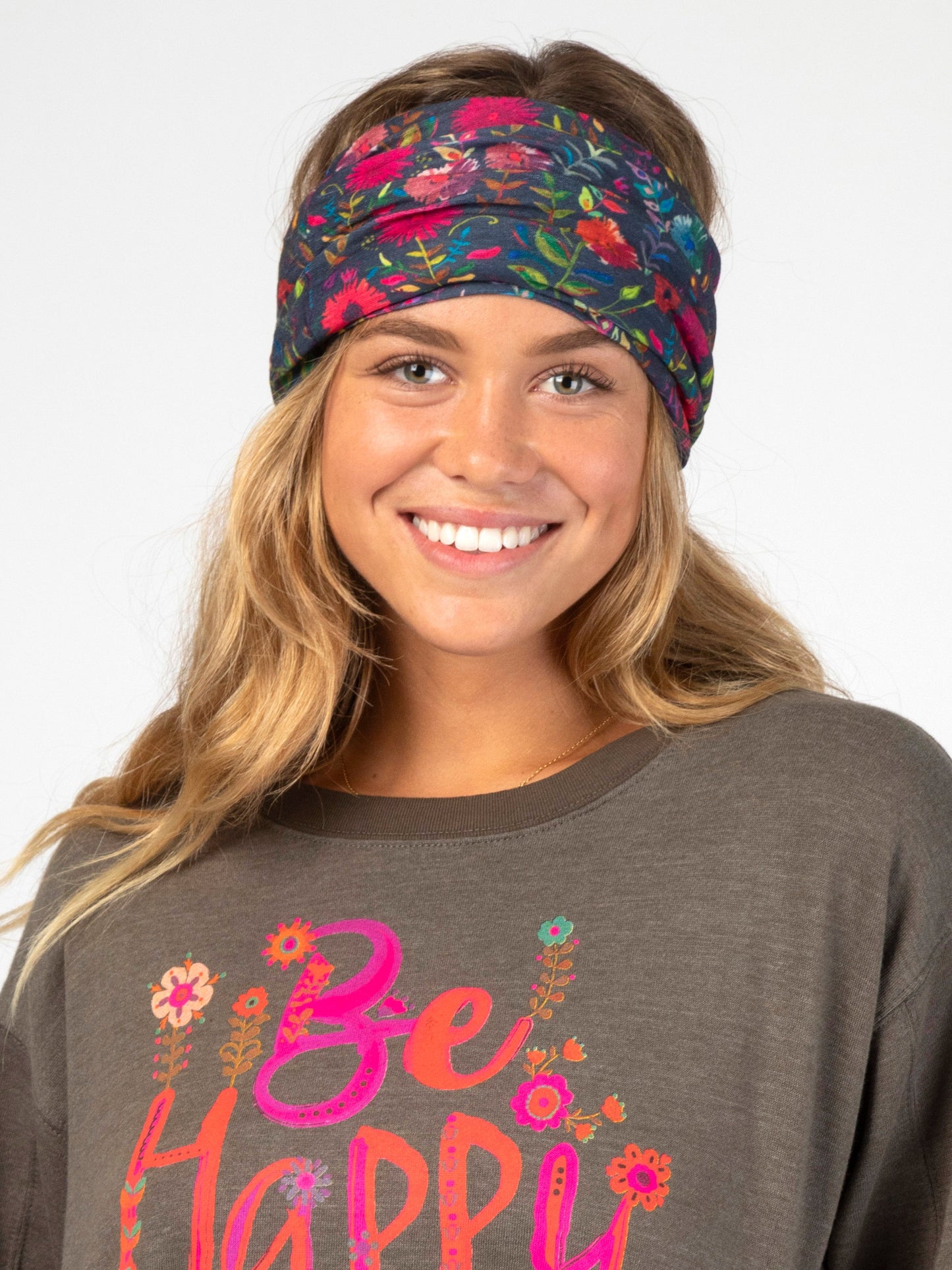 Fleece Boho Bandeau® Headband - Navy Wildflower